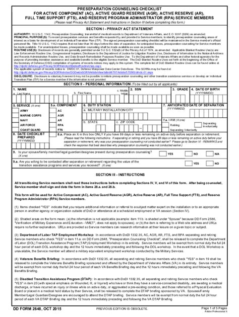 Dd Form 2648 Preseparation Counseling Checklist For Ac