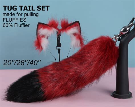 red black tug tail plug and ear set fluffy fox tail butt plug etsy