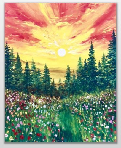 A Painting Of Flowers And Trees In A Field With The Sun Setting Behind