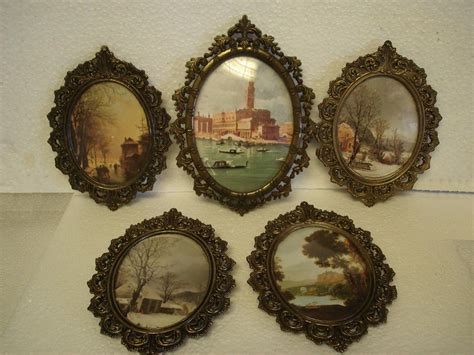Set 5 Vintage Ornate Brass Oval Small Picture Frames Made In Italy