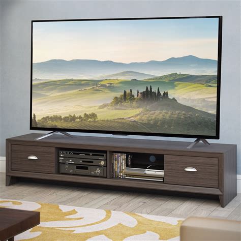 Corliving Lakewood Extra Wide Brown Wood Grain Tv Stand For Tvs Up To 85