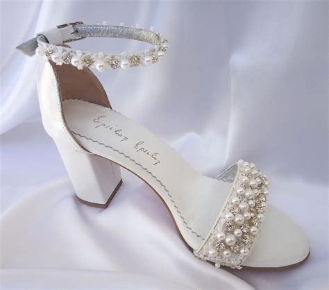 Wedding Shoes For Bride Bridal Block Heels Pearl And Rhinestone White