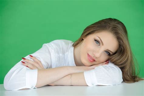 Attractive Brunette Leaning On Table Stock Photo Image Of White
