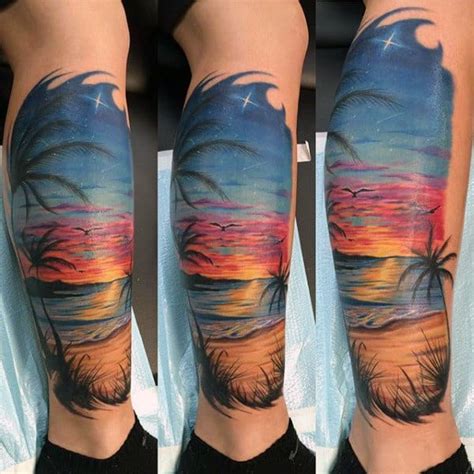 And be sure to make a color tattoo, because it colors of the sunset are unique for its charm. 90 Sunset Tattoos For Men - Fading Daylight Sky Designs