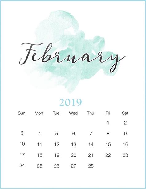 Watercolor 2019 February Printable Calendar Calendar Printables