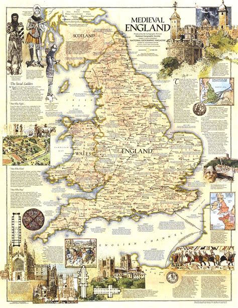 Medieval England Map Published 1979 National Geographic Maps