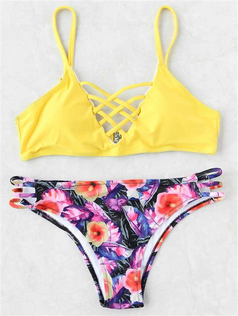 Floral Print Lattice Front Mix And Match Bikini Set Sheinsheinside