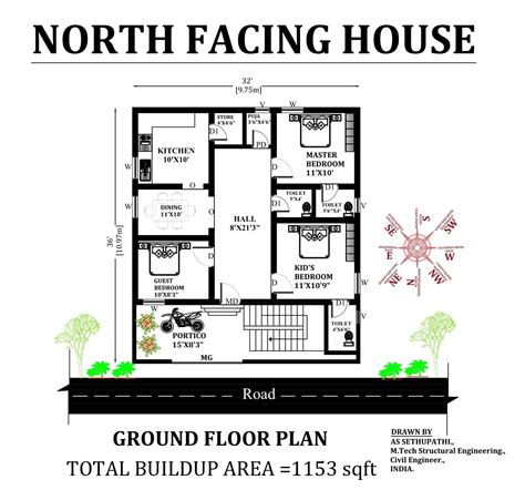 32x36 North Facing 3bhk House Plan As Per Vastu Shastra Download Now