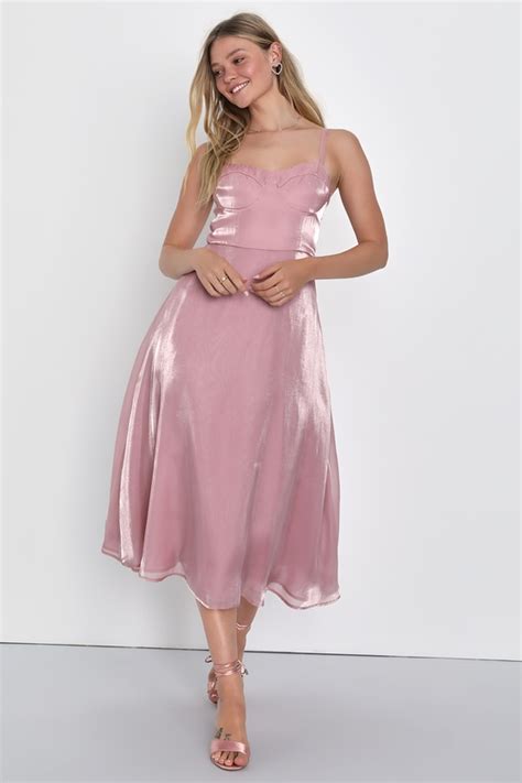 Shiny Mauve Pink Dress Organza Midi Dress Bustier Midi Dress Lulus