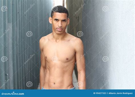 Inviting Shirtless Male With Provocative Expression With Copy Space