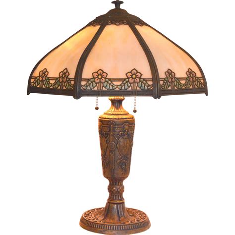Slag Glass Panel Lamp with Painted Shade Accents from vintagelampsandlighting on Ruby Lane