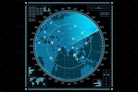 It can be used to detect aircraft, ships, spacecraft, guided missiles, motor vehicles, weather formations, and terrain. Vector radar screen with planes | Custom-Designed Illustrations ~ Creative Market