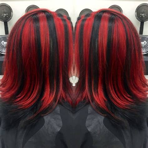 Darker shades may need to lighten their hair a bit before. Red and black chunky highlights | Hair highlights, Red ...