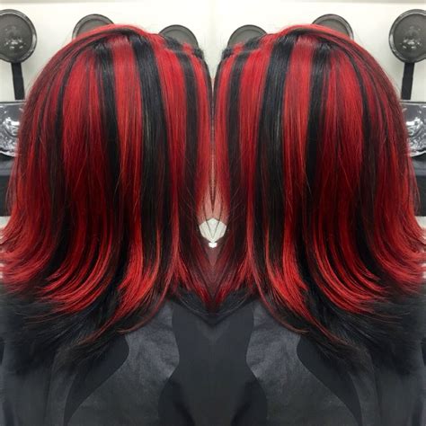 Red And Black Chunky Highlights Red Ombre Hair Hair Color Streaks