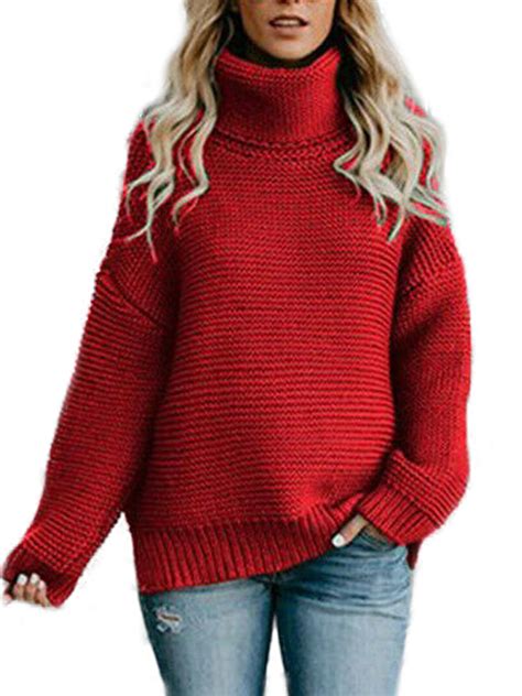 Lallc Womens Polo Neck Chunky Knitted Long Sleeve Pullover Baggy