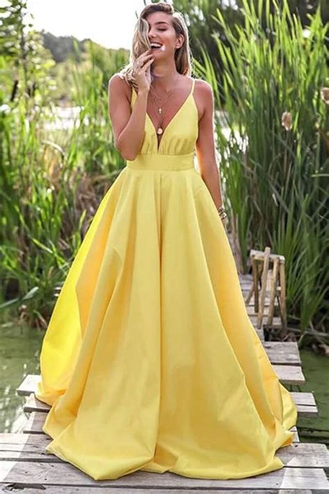 Simple Yellow Satin A Line Deep V Neck Backless Prom Dress With Sweep