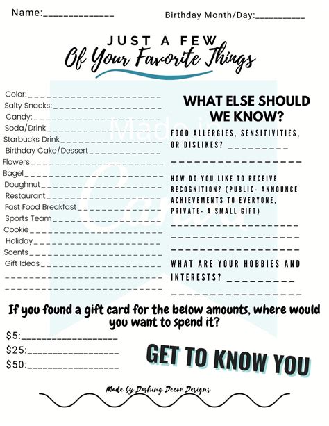 Employee Favorites List Get to Know Employee Employee | Etsy