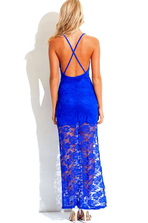royal blue sheer lace deep v neck backless high slit fitted formal cocktail party evening maxi