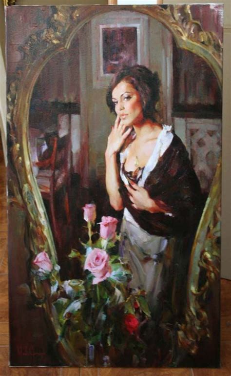 A Painting Of A Woman In Front Of A Mirror With Flowers On The Table