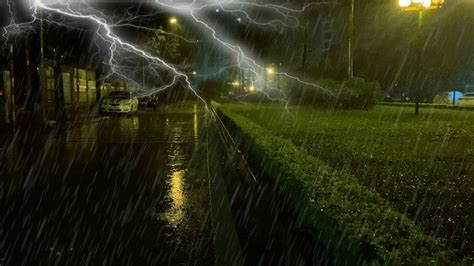 10 Hours Heavy Rain Roaring Thunder On Night Street ASMR Thunderst