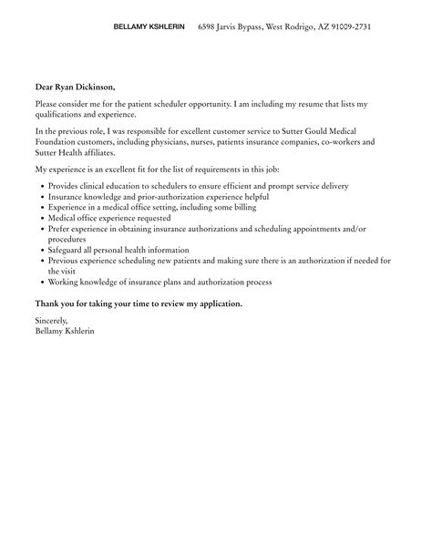 Patient Scheduler Cover Letter | Velvet Jobs