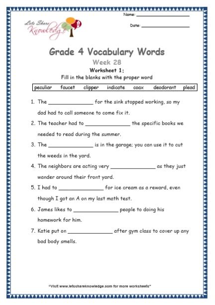 grade 4 vocabulary worksheets week 28 lets share knowledge