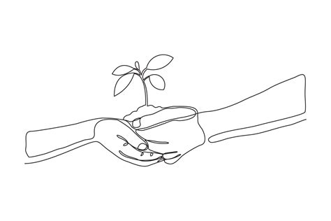 Continuous One Line Drawing Two Hands Holding Together A Green Young