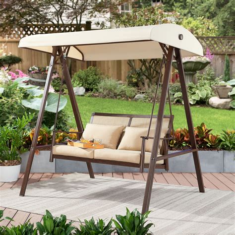 Better Homes And Gardens Vaughn Canopy Patio Swing With Beige Cushions