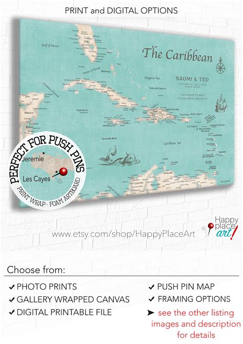 Personalized Push Pin Map Of Caribbean With Frame Or Ready To Hang