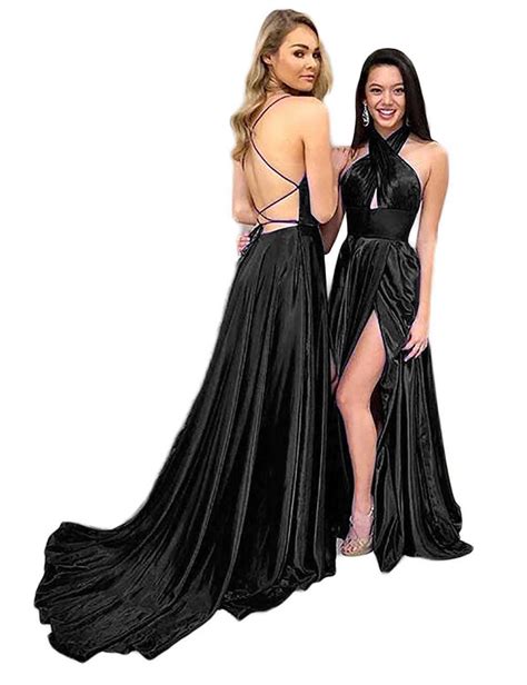 Plms Women S Backless Slit Satin Long Evening Dresses Formal Gown Prom Dresses With Sweep Train