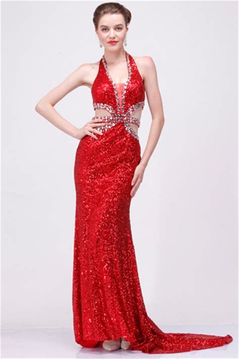 Sexy Halter Cut Out Backless Red Sequin Sparkly Evening Prom Dress