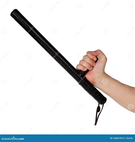 Bare Hand With Black Rubber Police Baton Isolated On White Background