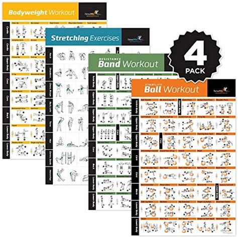4 Pack Laminated Home Gym Exercise Posters Bodyweight Stretching
