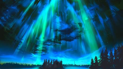 Blue And Green Northern Lights Digital Art Aurorae Trees Hd