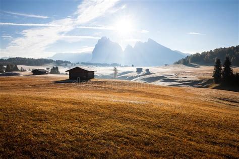 Wonderful Alpine Landscape Of Autumn Foggy Morning Seiser Alm Alpe Di
