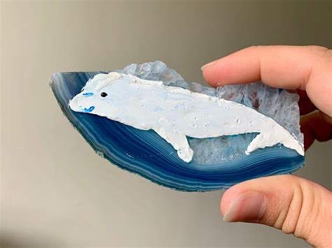 Swimming Beluga Oil Painting On Dyed Blue Druzy Quartz Agate Etsy