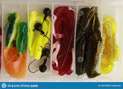 Rubber Fishing Lures And Accessories In The Box Stock Image Image Of