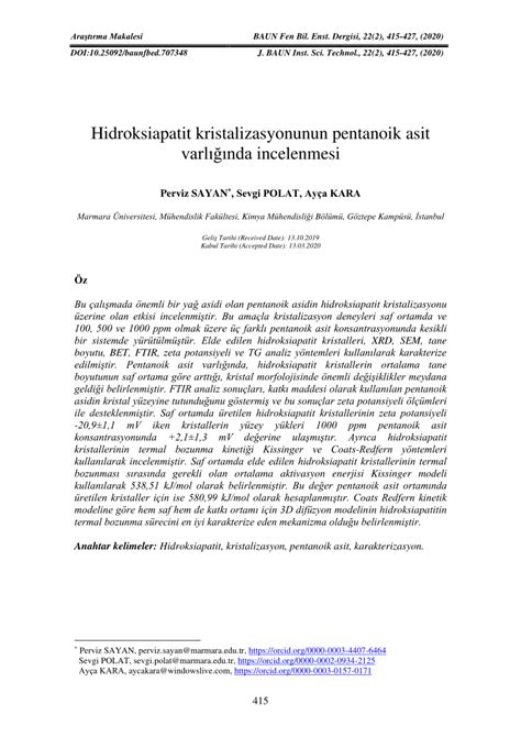Pdf Hidroksiapatit Kristalizasyonunun Pentanoik Asit Varlığında Incelenmesi