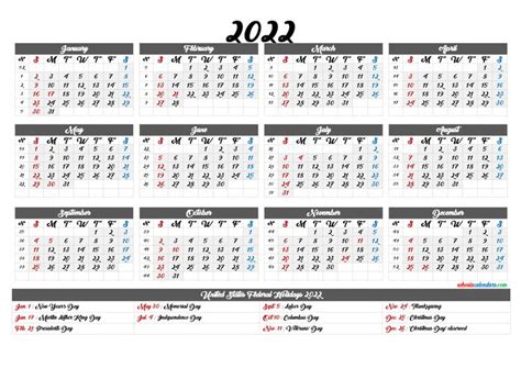 Printable Calendar 2022 With Holidays 6 Templates Printable Yearly