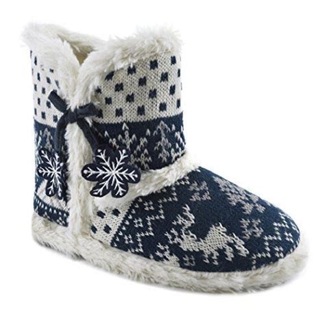 Ladies Winter Knitted Boot Slipper With Felt Snowflakes Large Navy