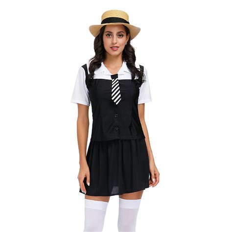 3pcs Classic School Girl Short Sleeve Fake Two Tie Tops And Skirt Adult