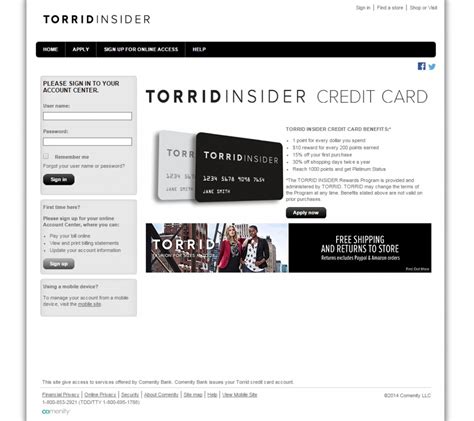 You first purchase made with the credit card will come with 15% off, and after your first purchase, a points scheme will give you a point for every dollar your. Torrid Credit Card Login | Make a Payment