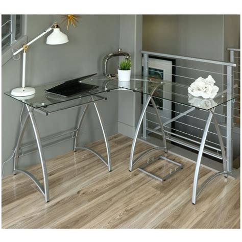 Walker Edison Computer L Shaped Modern Tempered Glass Table Silver
