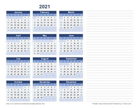2021 Yearly Calendar Printable With Notes