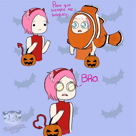 Three Cartoon Characters With Pink Hair And Pumpkins