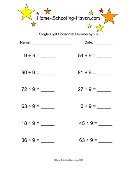 Single Digit Horizontal Division By 9s Worksheet For 3rd 5th Grade