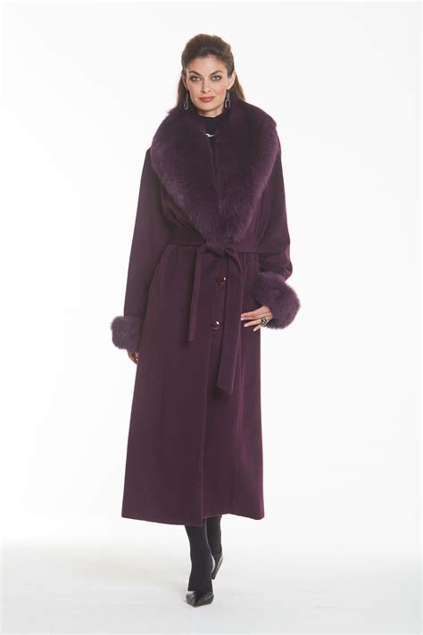 Full Length Cashmere Coat With Real Fox Fur Collar And Cuffs Purple