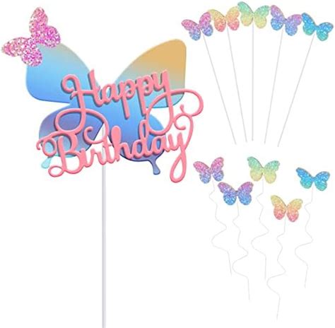 Pink Happy Birthday Butterfly Cake Topper And 10 Pieces Gradient Sequin