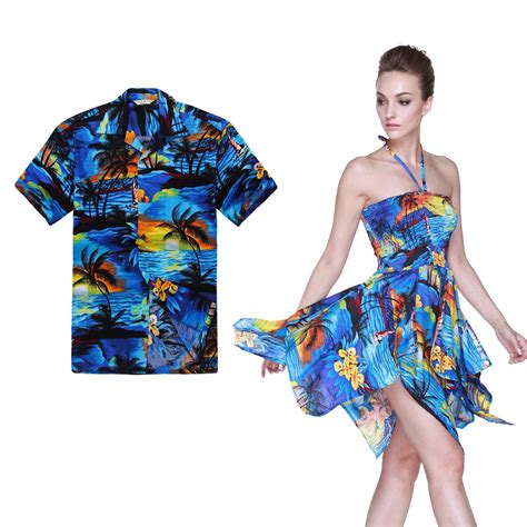 Couple Matching Hawaiian Luau Aloha Shirt Gypsy Dress In Sunblue