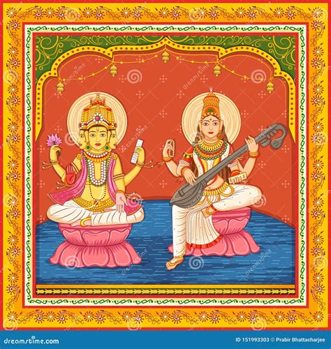 Statue Of Indian Lord Brahma And Goddess Saraswati With Vintage Floral